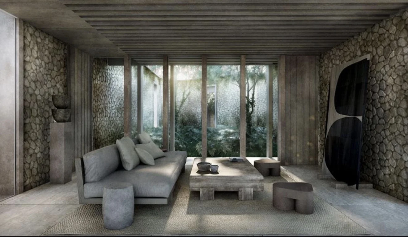 Sala contemporánea con materiales naturales y vista al jardín